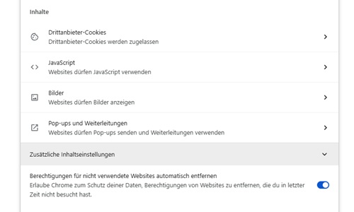 Zusätzliche Inhaltseinstellungen in Chrome