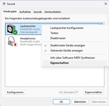 Auf „Eigenschaften“ des Wiedergabegeräts klicken