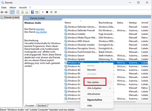 Windows Audio in den Windows-Diensten neu starten