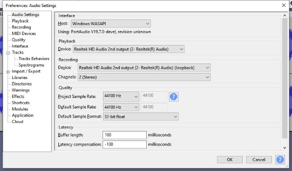 wählen sie windows wasapi in audacity aus