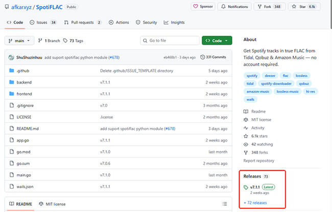 SpotiFLAC Releases auf GitHub