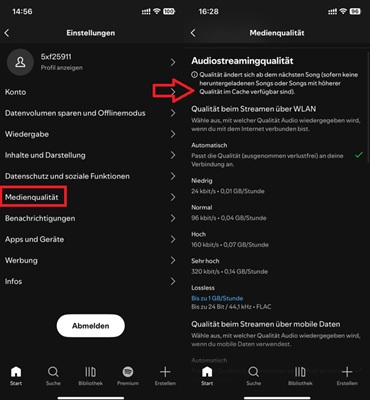 Einstellungen für die Audioqualität bei Spotify