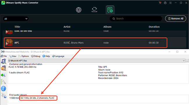 Spotify-FLAC-Download-Qualität in DRmare überprüfen