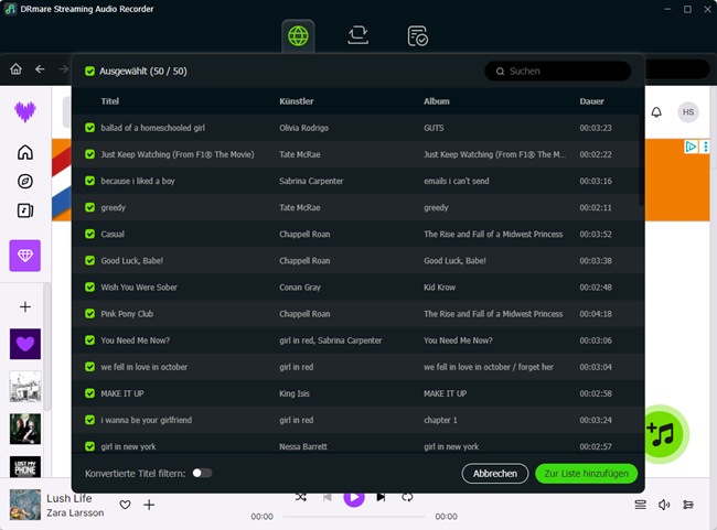 wählen sie deezer-songs zum herunterladen aus