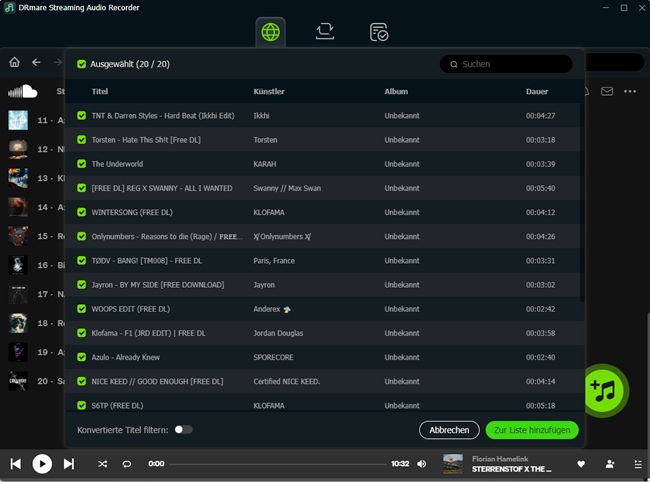 wähle soundcloud-songs aus, um sie als wav herunterzuladen